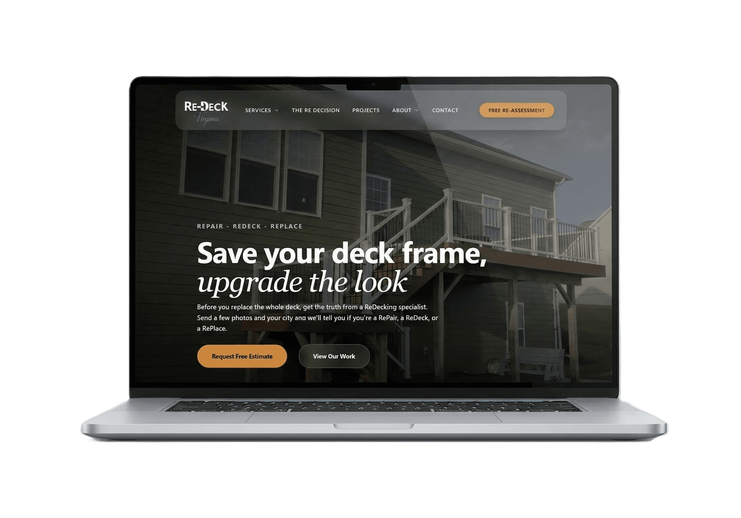 Desktop website mockup for Re-Deck Construction showing Web Design features